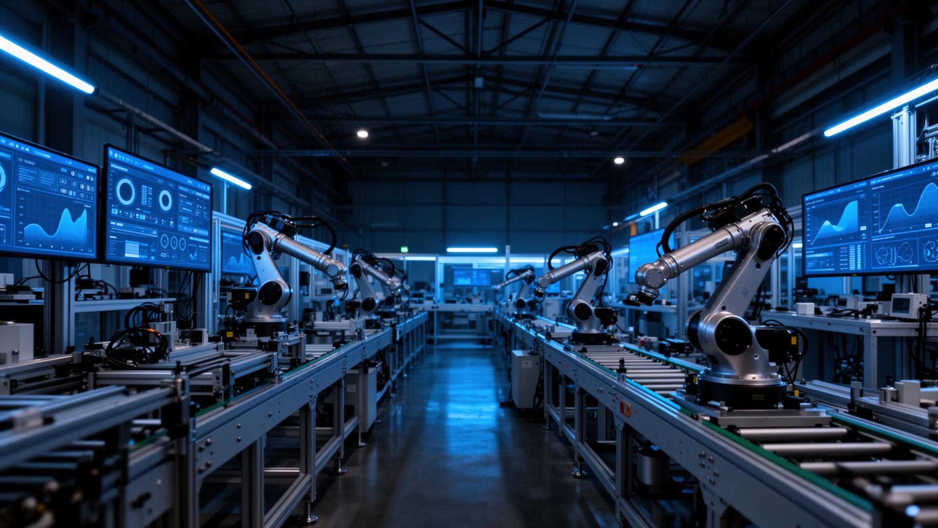 Modern automated manufacturing facility with industrial dashboards